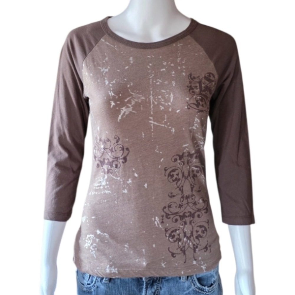 Vintage Y2K Billabong Distressed Scroll Print 3/4 Sleeve Shirt